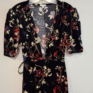 Floral Velvet Wrap Maxi Dress - Black with Red & Gold Floral Size Small Soft